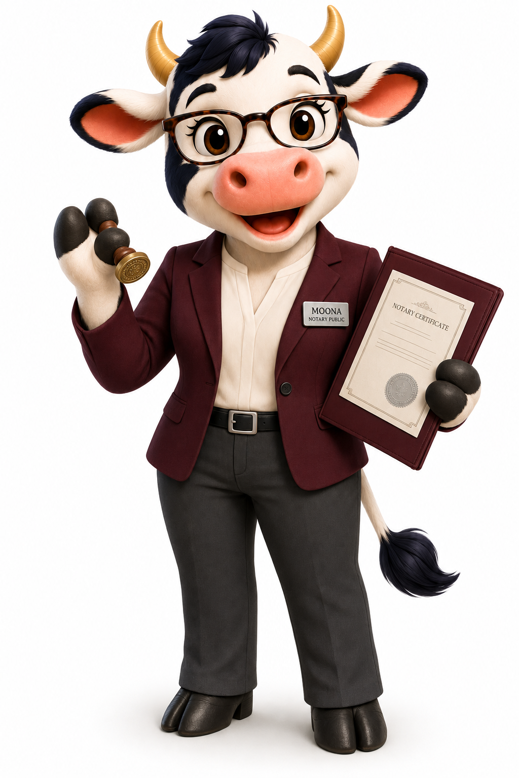 Notary Moona, a friendly cow mascot wearing glasses and holding a notary seal and certificate folder
