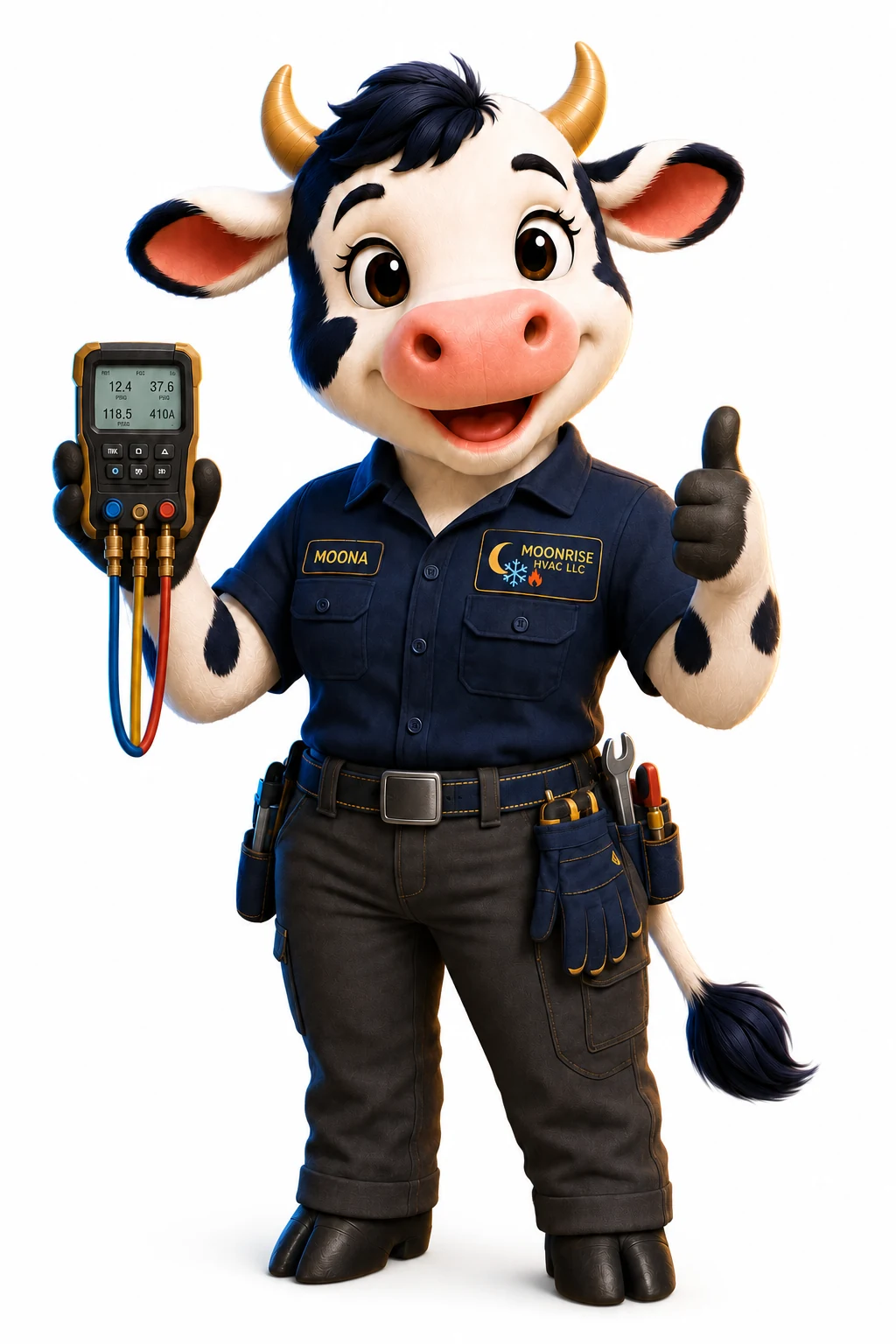 Moona, the fictional Moonrise HVAC mascot, holding HVAC gauges and giving a thumbs-up.