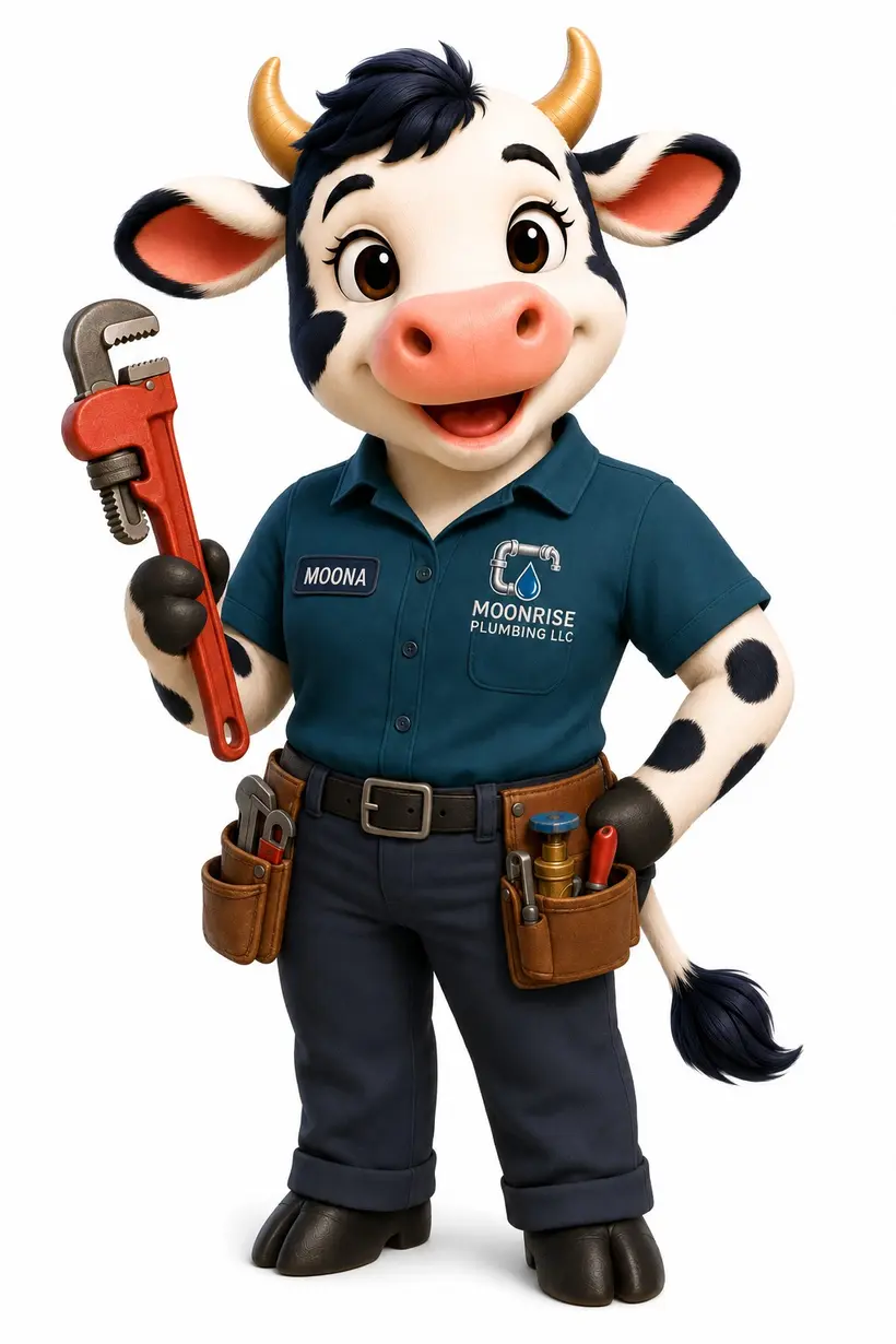 Moona, a friendly cow mascot in a Moonrise Plumbing uniform, holding a pipe wrench