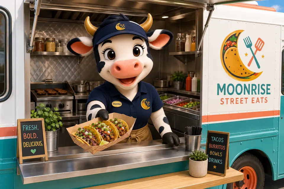 Moona serving tacos from a colorful Moonrise food truck