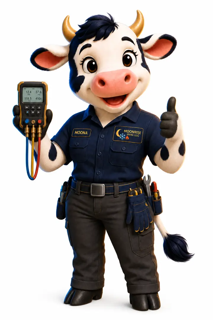 HVAC Moona in a technician uniform holding a diagnostic meter