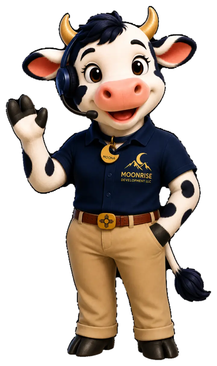 Moona, the Moonrise cow mascot, wearing a headset and Moonrise uniform