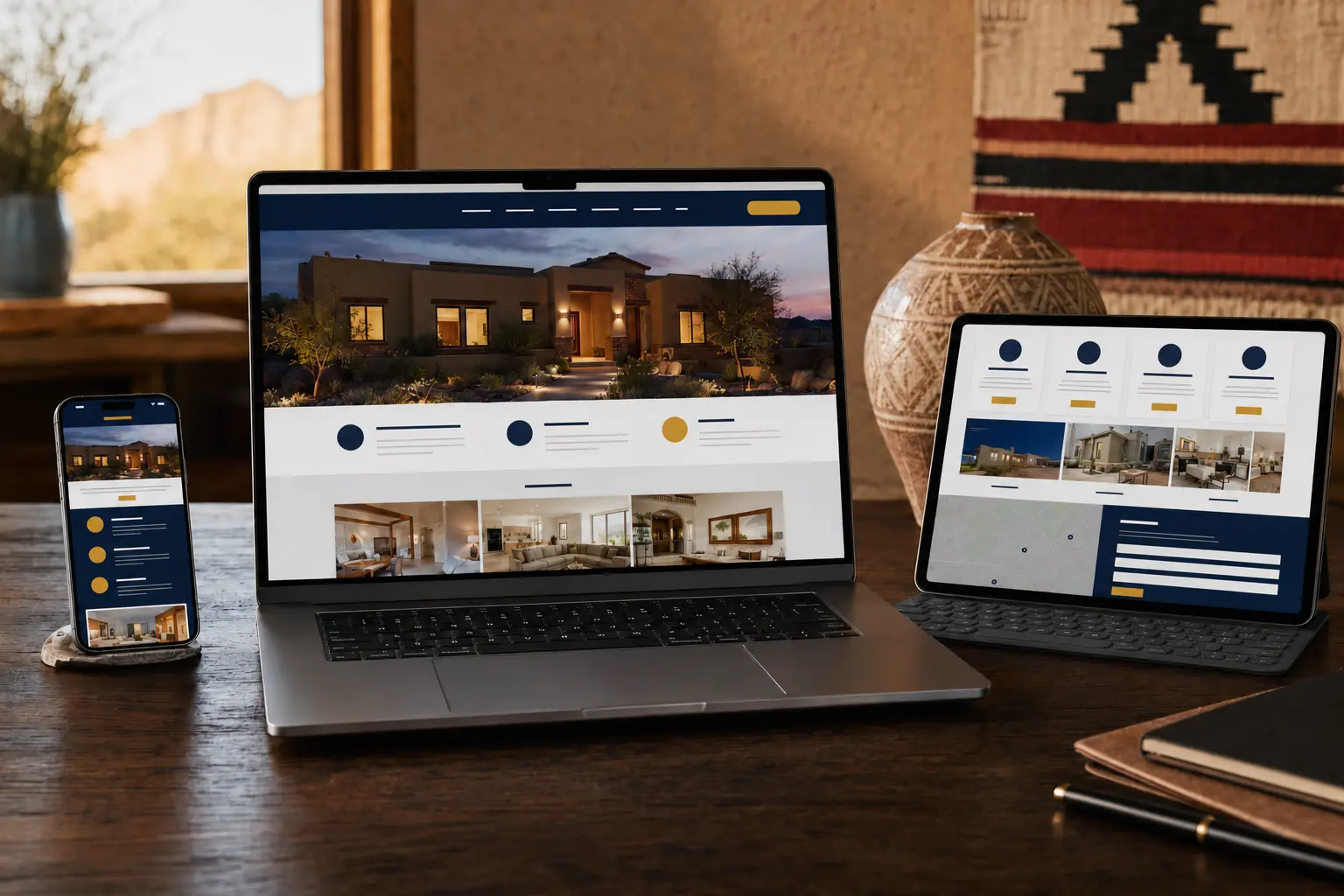 An expanded home-service website shown across a laptop, tablet, and phone