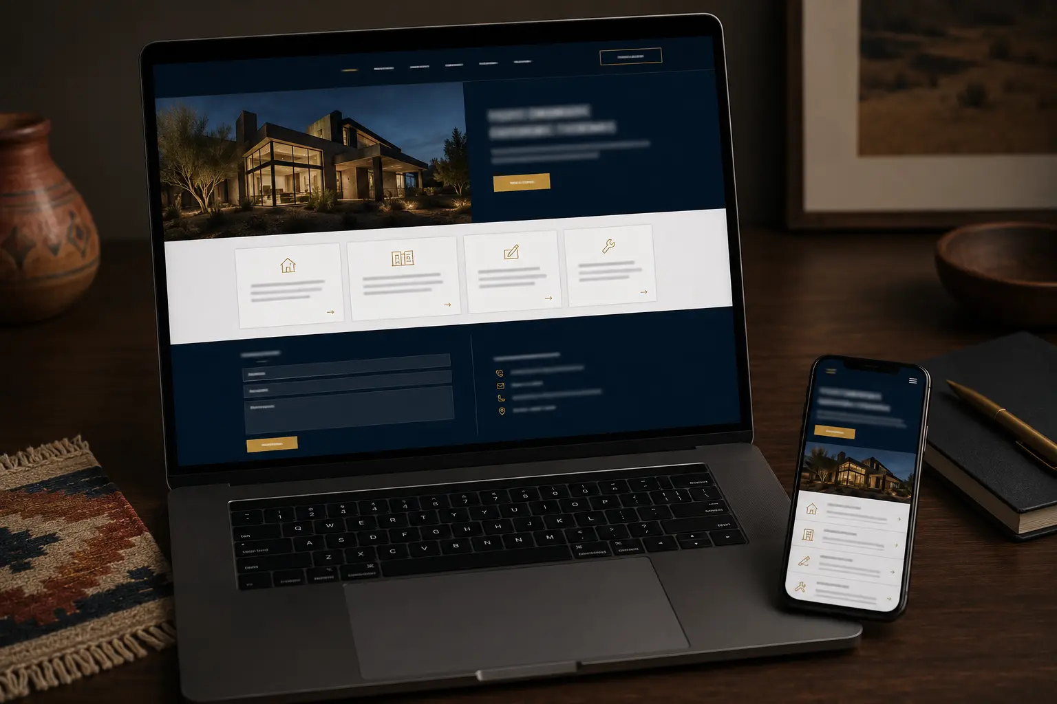 A professional multi-page small-business website displayed on a laptop and phone
